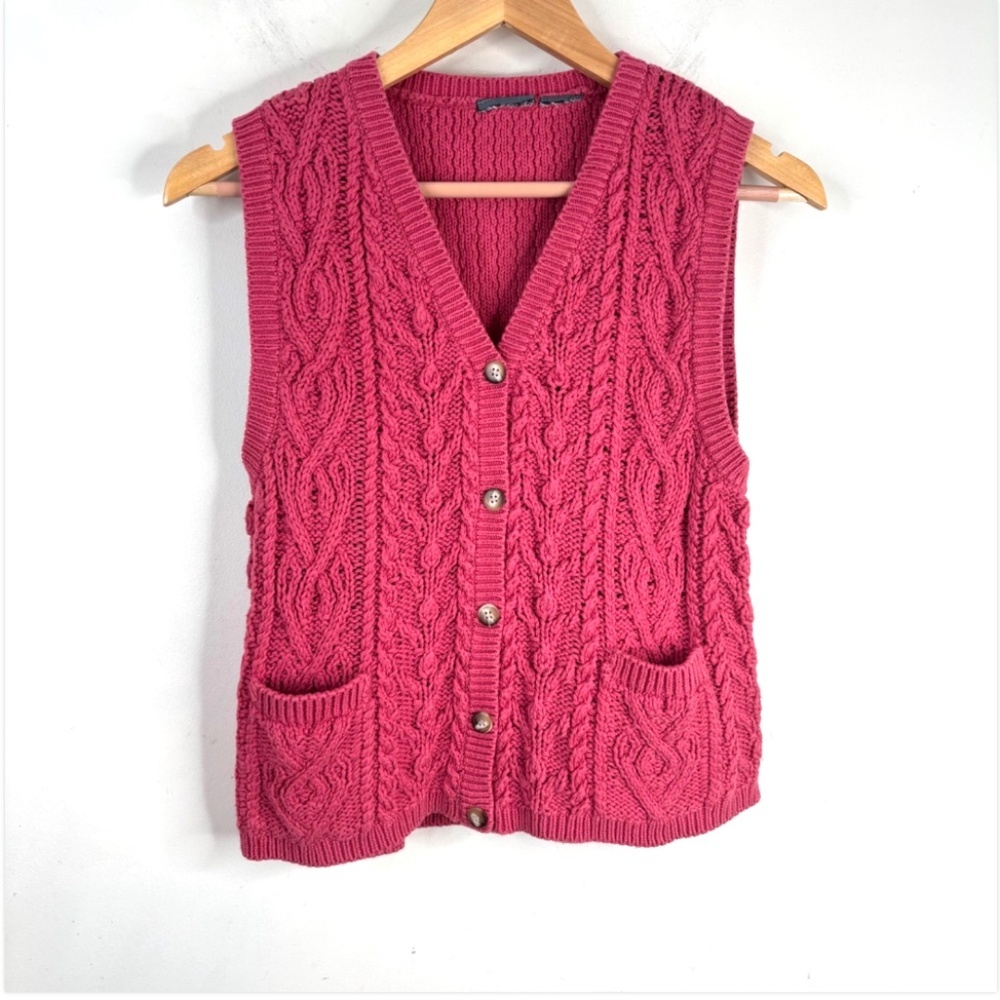 VTG 90s Cable Knit Sweater Vest S Pink Granny Academia Preppy Cottage Old Money